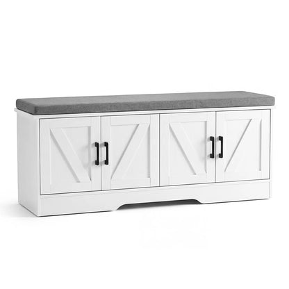 Sweetcrispy White Shoe Storage Organizer Bench with Padded Seat Cushion, Large Capacity Entryway Cabinet with 4 Barn Doors, Versatile Indoor Furniture for Hallway, Living Room, Bedroom