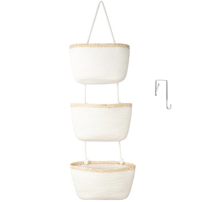 TeoKJ Over the Door Hanging Basket, 3-Tier Woven Cotton Wall-Mounted Storage Organizer Bag Decorative Hanging Nursery Baskets, Jute