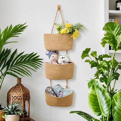 Woven Cotton 3-Tier Over-The-Door Wall-Mountable Storage Basket with Handles - 11in Home Accessory for Beauty & Daily Necessities Room Storage, French Country Organizer
