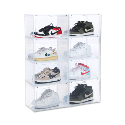 XL clear shoe storage boxes stackable, 8 Pack Large Shoe Boxes Clear Plastic Stackable, Drop side Sneaker Container Fit Size 13 (Black 8 Pack)