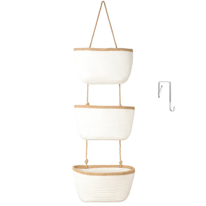 TeoKJ Over the Door Hanging Basket, 3-Tier Woven Cotton Wall-Mounted Storage Organizer Bag Decorative Hanging Nursery Baskets, Jute