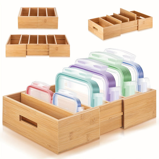 Adjustable Bamboo Lid Organizer Measuring 11.8 by 18.7 Inches, Designed for Kitchen Cabinets And Drawers, Featuring Dividers for Food Container Storage in The Pantry, Made from Natural Materials