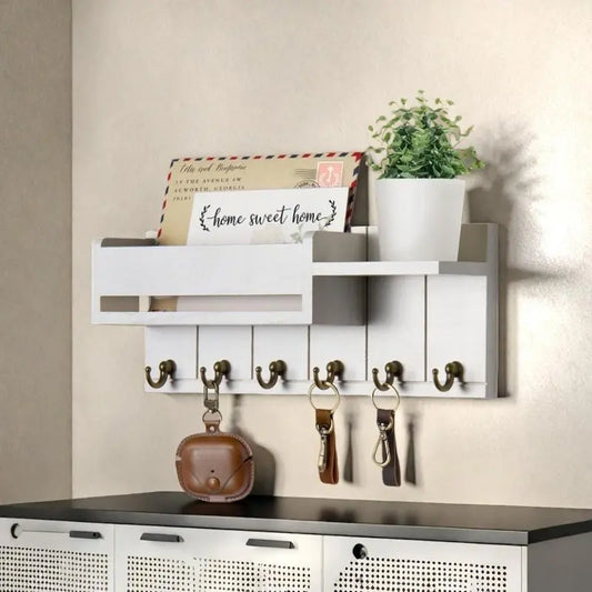 Wooden Wall-Mounted Key Organizer with 6 Hooks and Small Shelf, Mail Sorter and Entryway Storage Holder for Living Room or Entrance, Wall Mountable Home Decor Organizing Essential, Key Hanger Wall Mount, Wooden Wall Rack