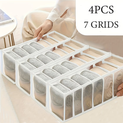 4pcs Set of 7-Compartment Folding Storage Boxes - Non-Woven Fabric Drawer Organizer with Mesh Panel, Suitable for Pants, Underwear, Trousers, and Travel Accessories, Space-Saving Wardrobe Storage Box