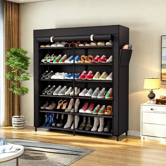 SUOERNUO Rectangle Shoe Rack Organizer - 7-Tier Metal Storage with Non-Woven Dust Cover, Side Pocket, Easy Installation - Holds 42 Pairs for Entryway, Bedroom Closet Storage & Organizing Shoes