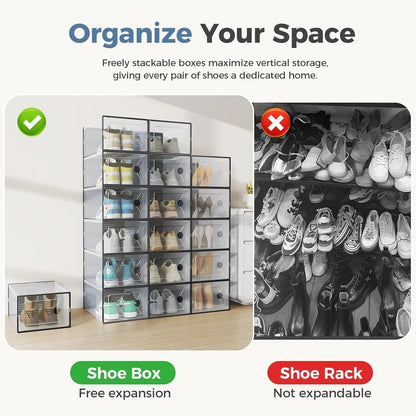 Sweetcrispy 12-Pack High-Grade PE Plastic Configurable Shoe Storage Boxes - Stackable, High-Capacity Closet Organizers with Lids, Easy-Clean Plastic Surface, Breathable Airflow Keeps Fresh, Great for Entryway Shoe Sorting, Wedges, Flip-Flops