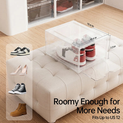 DELAMU 12-Pack Transparent Magnetic Shoe Storage Boxes, Stackable Waterproof Dustproof Organizer, Sturdy Thickened Acrylic, Easy Assembly, for Sneakers, Dorm Room, Bedroom, Shoe Rack Organizer