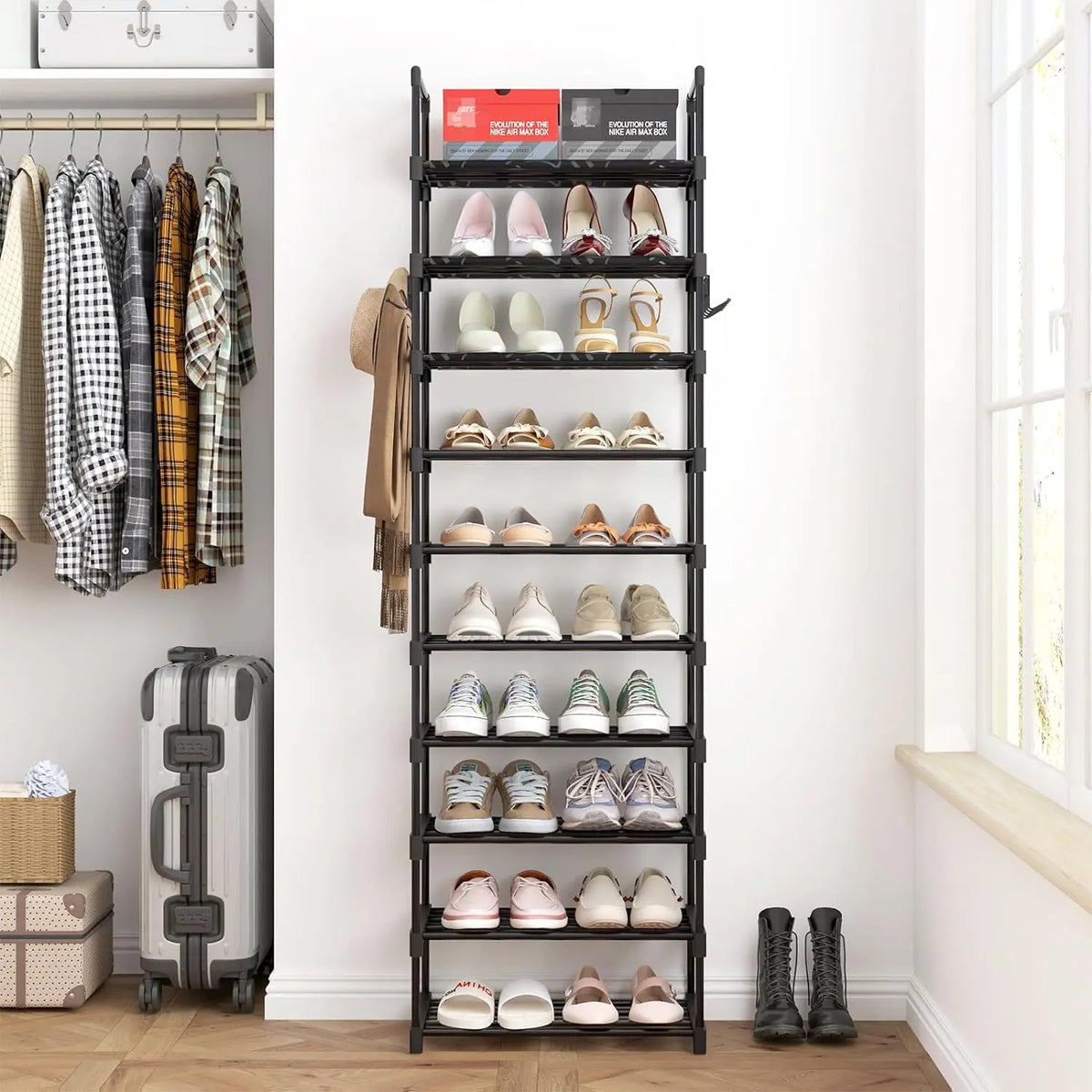 MOMOK 10-Tiers Shoe Rack Tall Large Capacity 20-24 Pairs Wide Shoe Organizer Sturdy Shoe Shelf for Entryway with Two Hooks Metal Shoe Storage for Closet, Bedroom, Black
