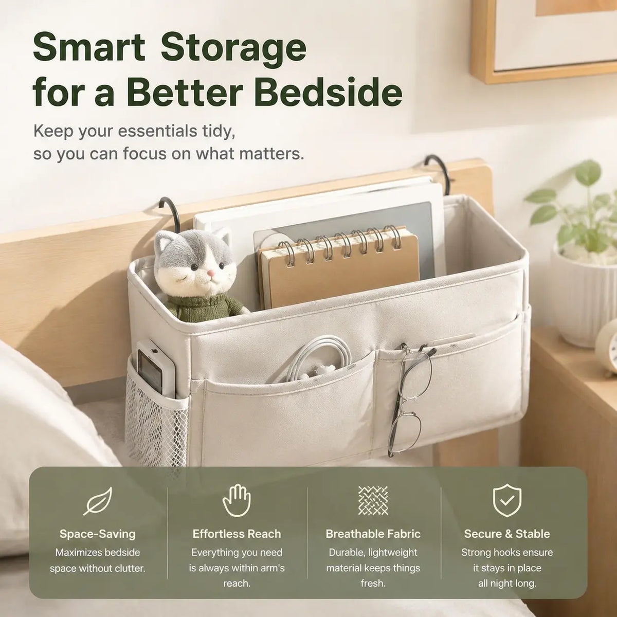 Over-the-Bed Hanging Storage Organizer for Small Spaces – Heavy-Duty Fabric Bins with Adjustable Height Straps, Ideal for Dorms, Apartments, and Compact Bedrooms to Store Towels, Linens, Toiletries, Books, and Everyday Essentials, Storage Bin