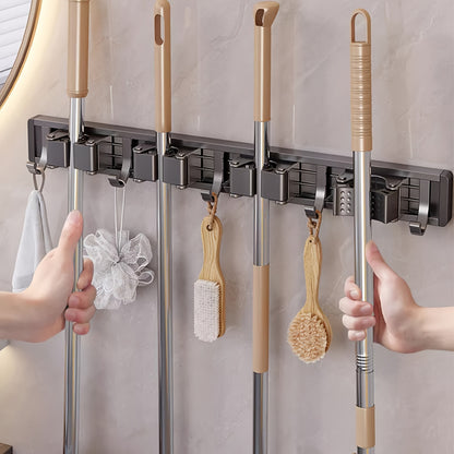 [Heavy-duty Adjustable Metal Mop Holder] Heavy-duty Golden Metal Mop And Broom Holder with Adjustable Hooks - Wall-mounted Organizer for Home, Kitchen, Garden, Laundry Room, Garage - Durable Tool And Equipment Storage Solution, Rack