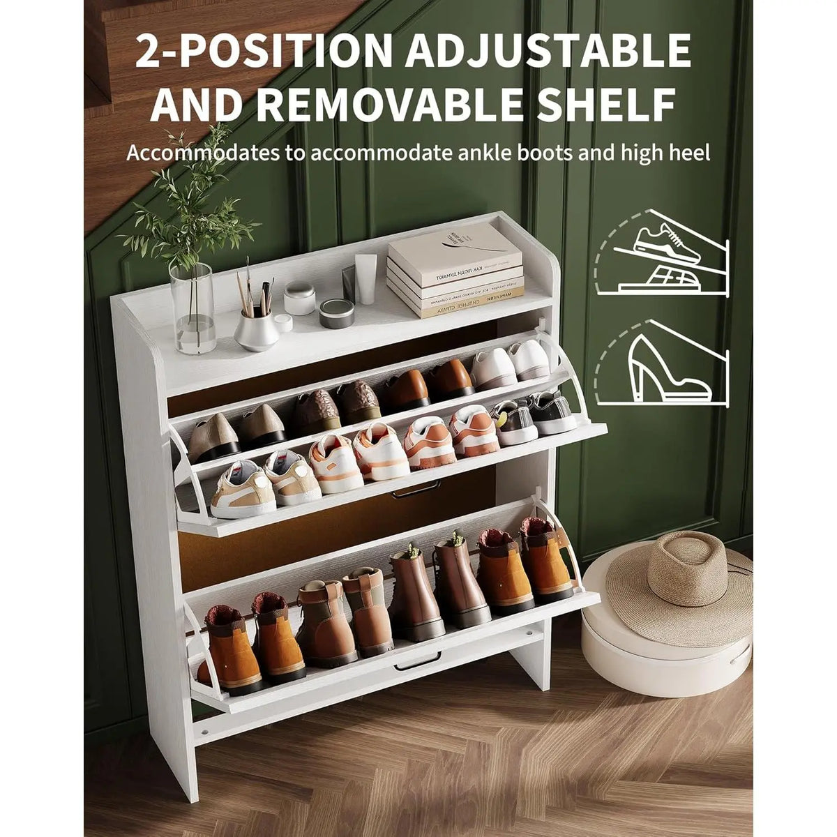 Slim Narrow Shoe Cabinet with 2 Turn over Drawers – Hidden Large Capacity Storage Organizer for Entryway or Hallway – Adjustable Shelf, Dustproof Freestanding Design, Sturdy MDF & Metal Legs, Modern Farmhouse & Industrial Style, Anti-Tip – Black or White