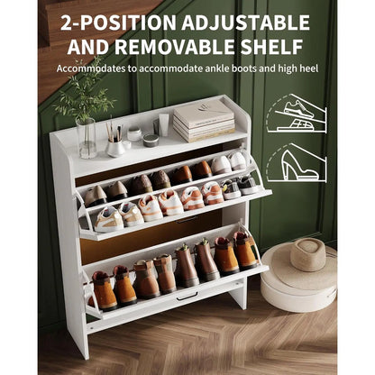 Slim Narrow Shoe Cabinet with 2 Turn over Drawers – Hidden Large Capacity Storage Organizer for Entryway or Hallway – Adjustable Shelf, Dustproof Freestanding Design, Sturdy MDF & Metal Legs, Modern Farmhouse & Industrial Style, Anti-Tip – Black or White