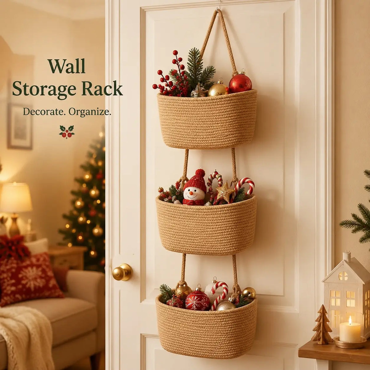 （2026 New）3-Tier Woven Cotton Over-the-Door Hanging Wall Basket, Jute Home Organizer Storage - Woven Cotton Feels Natural, Adds Warm Woven Charm to Any Room, Ideal for Dorm Back-to-School, Baby Wipes & Light Toys Storage, Storage Organizer