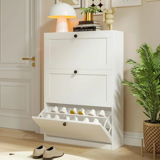 VOWNER Minimalist MDF Wood Shoe Rack Organizer - Freestanding Single Unit Slim Vertical Home Decor Furniture with 3 Flip Drawers, Adjustable Shelves, Anti-Tipping Device, Assembly Required (31.5"w x 9.4"d x 45.9"h) for Entryway (Safe for Children)
