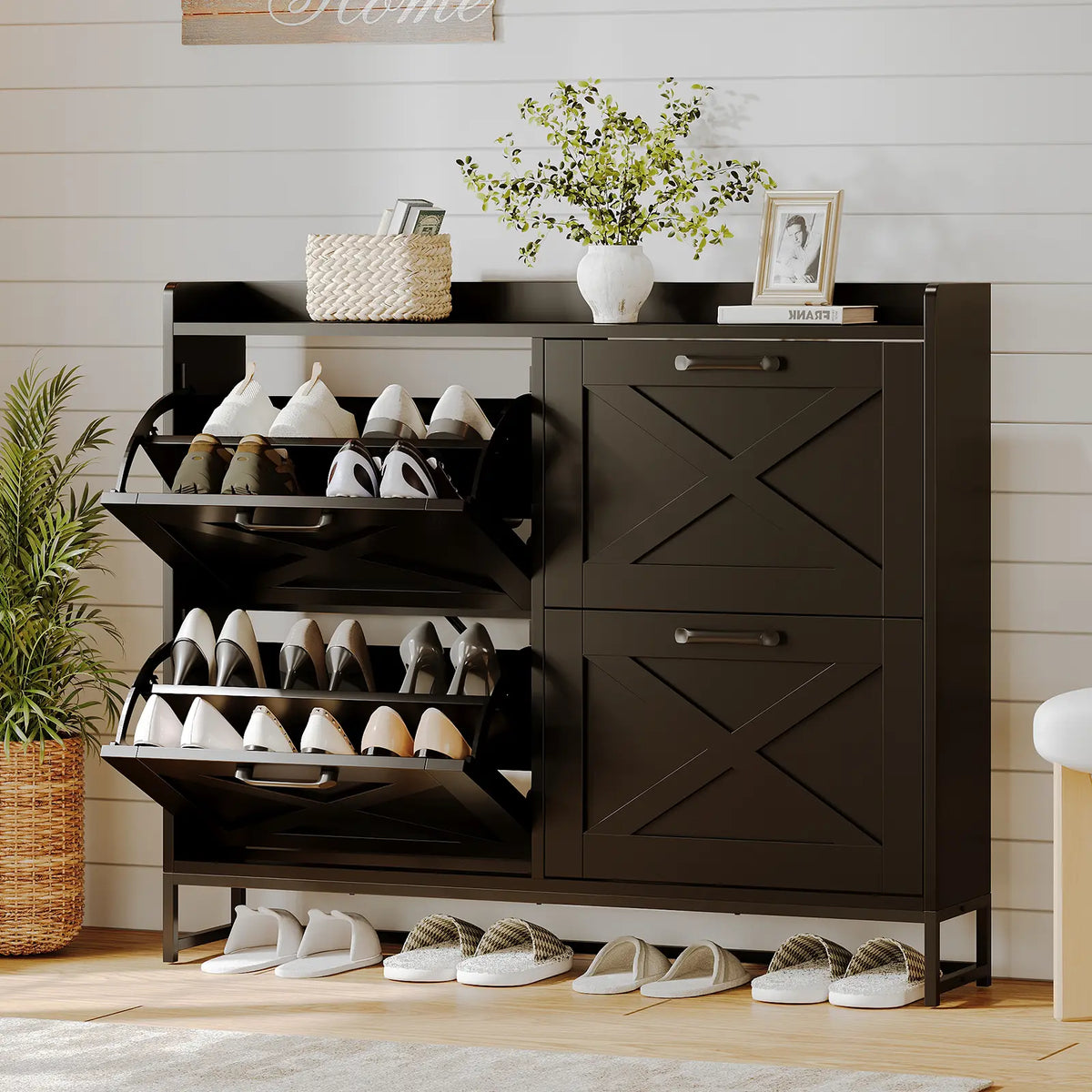 VOWNER 47.2" Farmhouse Shoe Storage Cabinet, 4 Flip Drawers for 24-32 Pairs, Narrow Hidden Shoe Rack With Metal Legs, Freestanding Wooden Shoe Organizer, For Entryway, Hallway or Living room