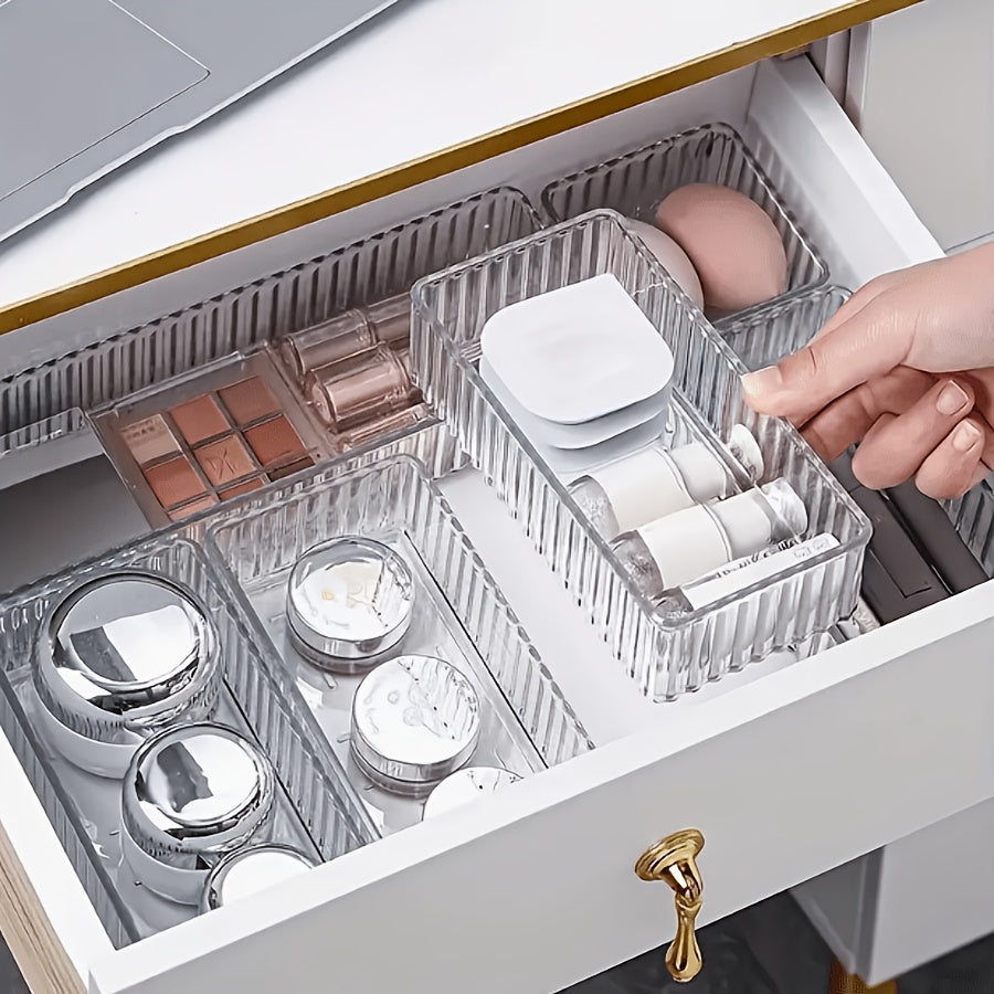 Office 4/8pcs Set of Transparent Plastic Cosmetic Storage Boxes, Desk Drawer Organizers, Desktop Divider Storage Boxes, Suitable for Makeup Storage, Stationery Storage, and Miscellaneous Item Storage