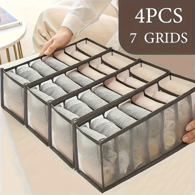 [Folding Storage Boxes] 4pcs Set of 7-Compartment Folding Storage Boxes - Non-Woven Fabric Drawer Organizer With Mesh Panel, Suitable for Pants, Underwear, Trousers, and Travel Accessories, Space-Saving Wardrobe Storage Box