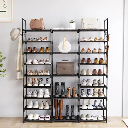 MOMOK 10-Tiers Shoe Rack Tall Large Capacity 20-24 Pairs Wide Shoe Organizer Sturdy Shoe Shelf for Entryway with Two Hooks Metal Shoe Storage for Closet, Bedroom, Black