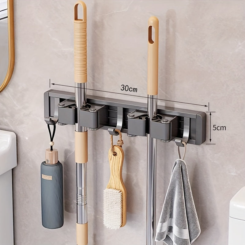 [Heavy-duty Adjustable Metal Mop Holder] Heavy-duty Golden Metal Mop And Broom Holder with Adjustable Hooks - Wall-mounted Organizer for Home, Kitchen, Garden, Laundry Room, Garage - Durable Tool And Equipment Storage Solution, Rack
