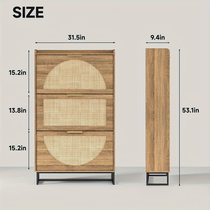 Entryway Rustic Oak Rattan Shoe Storage Cabinet, 2/3/4 Flip Drawers Freestanding Narrow Shoe Organizer, Shoe Rack With Sturdy Metal Legs And Hidden Golden Handles, Space Saving Hidden Footwear Storage Furniture Perfect For Hallway Front Door Home De