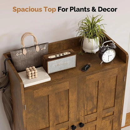 Farmhouse Shoe Cabinet with Doors, 6-Tier Wooden Shoe Organizer with Adjustable Shelves, Entryway Storage Cabinet with Metal Legs, Rustic Shoe Storage for Entryway or Living Room