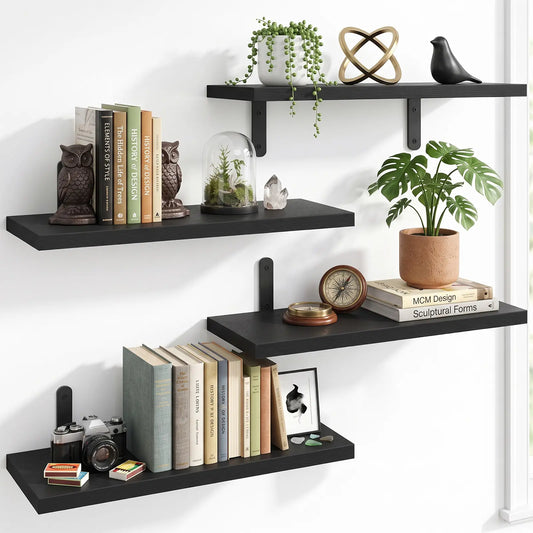FIXWAL Floating Wall Shelves Set of 4, Black/White Wood Wall Mounted Shelves, Space Saving Wall Storage Organizer for Bedroom, Bathroom, Living Room Decor, Display Shelf & Bookshelf, Back To School Season,dorm decor,dorm room decor, for Back to School