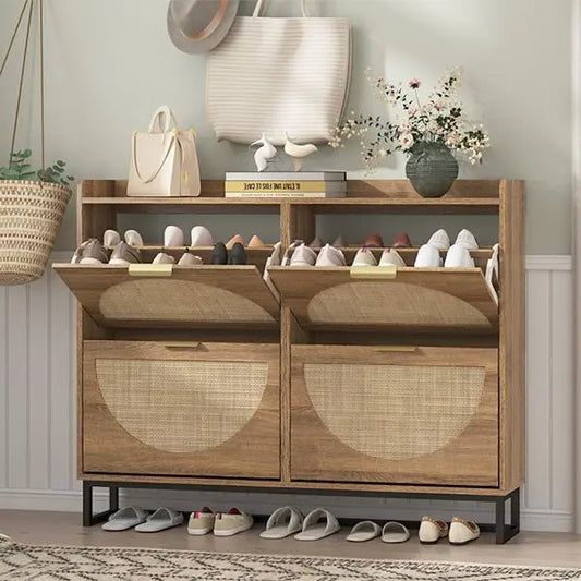 [tiktokshopbacktoschool] Vabches Rattan Shoe Storage Cabinet - Narrow Freestanding Organizer with Display Riser, Metal Legs, Rustic Oak Finish, 25kg Capacity, Home Accessories, Entryway Indoor Furniture,dorm essentials,home decor