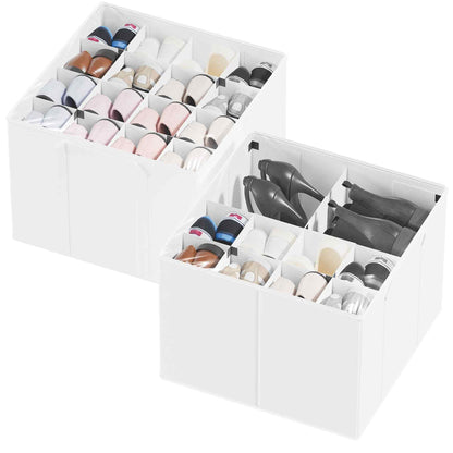 SpaceAid Shoe Organizer for Closet, 2 Pack Foldable Shoe Storage Containers Baskets Boxes Bins w/Adjustable Dividers, Fits 16-32 Pairs, Grey