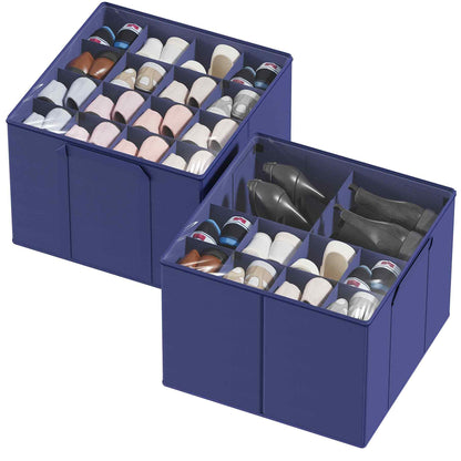 SpaceAid Shoe Organizer for Closet, 2 Pack Foldable Shoe Storage Containers Baskets Boxes Bins w/Adjustable Dividers, Fits 16-32 Pairs, Grey
