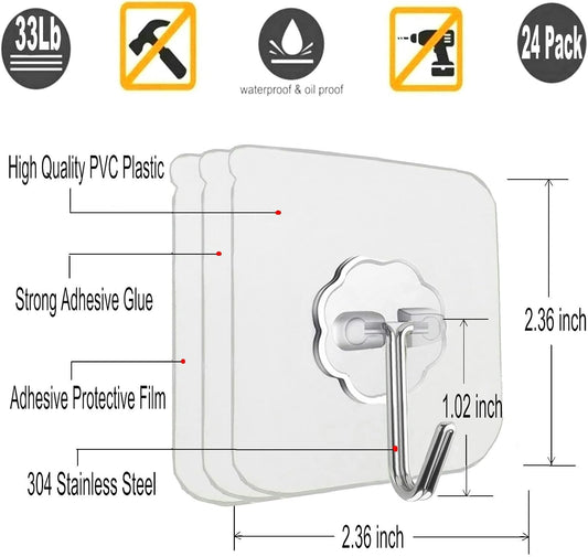 Adhesive Wall Hooks No Drill Clear Heavy Duty for Hanging Hooks 33LB 24Pack
