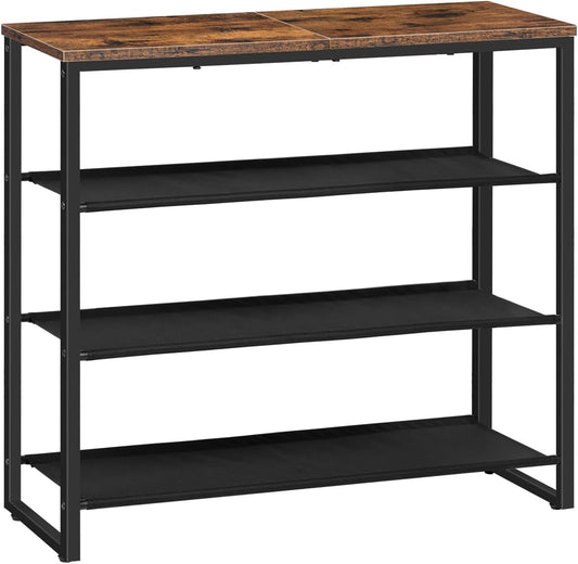 HOOBRO Shoe Rack, 4 Tier Shoe Storage Organizer with 3 Oxford Fabric Shelves and Top Panel, Holds 12-16 Pairs of Shoes for Entryway and Closet, Industrial, Rustic Brown BF47XJ01G1