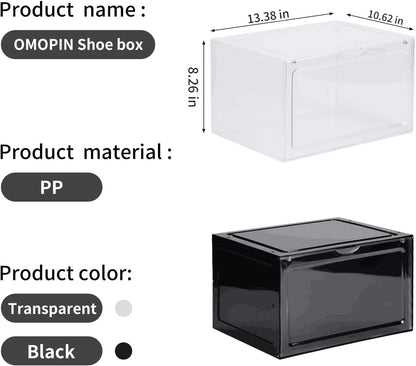 XL clear shoe storage boxes stackable, 8 Pack Large Shoe Boxes Clear Plastic Stackable, Drop side Sneaker Container Fit Size 13 (Black 8 Pack)