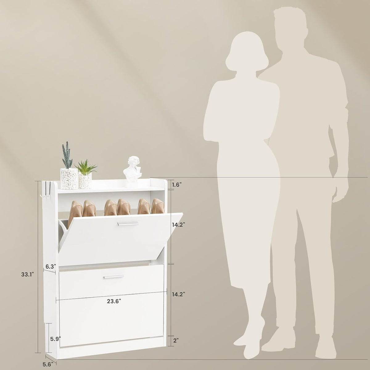 Slim Shoe Cabinet for Entryway with 2 Flip Drawers, 23.6" W White
