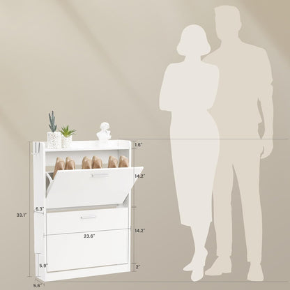 Slim Shoe Cabinet for Entryway with 2 Flip Drawers, 23.6" W White