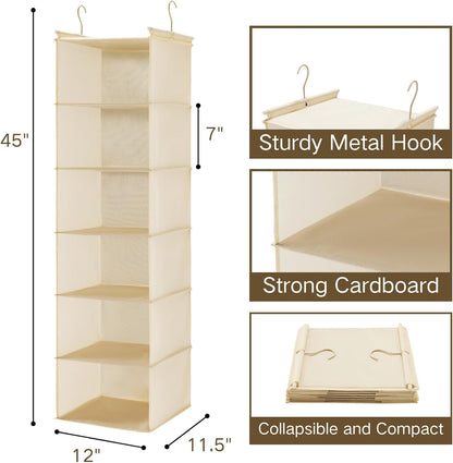 MAX Houser 6 Tier Shelf Hanging Closet Organizer with 2 Hooks, Beige