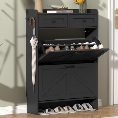 Thacuok Black Shoe Cabinet with 2 Flip Drawers & 2 Storage Drawers, Rustic Farmhouse Narrow Shoe Organizer Cabinet, Slim Shoe Rack Cabinet, Shoe Storage Cabinet for Entryway, Hallway