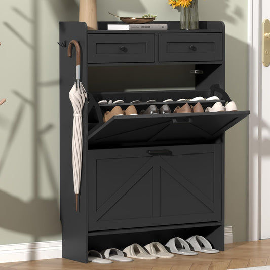 Thacuok Black Shoe Cabinet with 2 Flip Drawers & 2 Storage Drawers, Rustic Farmhouse Narrow Shoe Organizer Cabinet, Slim Shoe Rack Cabinet, Shoe Storage Cabinet for Entryway, Hallway