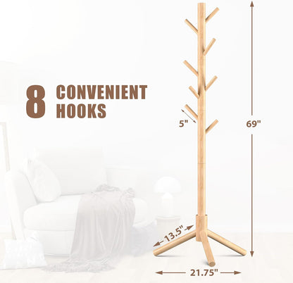 Haddockway 3 Adjustable Freestanding Wooden Coat Rack Stand 8 Hooks,Hallway