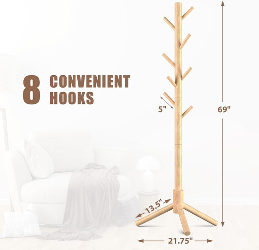 Haddockway 3 Adjustable Freestanding Wooden Coat Rack Stand 8 Hooks,Hallway