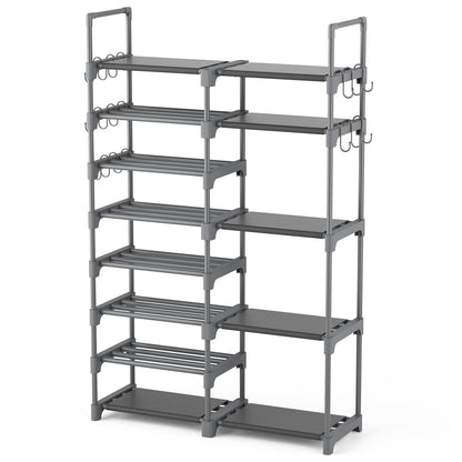 ROJASOP Shoe Rack Organizer, 8-Tier Metal Shoe Rack for Closet Entryway Garage, 26-32 Pairs Tall Shoe Boot Storage Shelf with 15 Hooks, Stackable Large Shoe Stand
