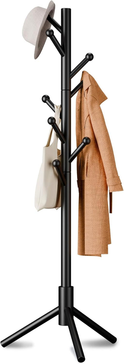 8-Hook Freestanding Coat Rack 3 Heights Safe Round Tips Black