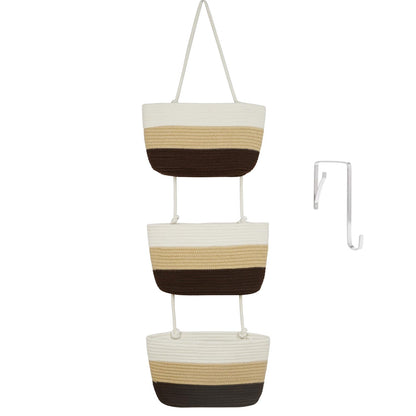 TeoKJ Over the Door Hanging Basket, 3-Tier Woven Cotton Wall-Mounted Storage Organizer Bag Decorative Hanging Nursery Baskets, Jute