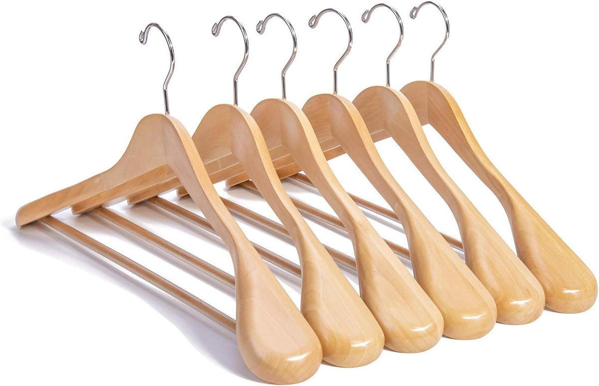 Nature Smile Luxury Natural Wooden Suit Hangers - 12 Pack - Wood Coat Hangers,Jacket Outerwear Shirt Hangers,Glossy Finish with Extra-Wide Shoulder, 360 Degree Swivel Hooks & Anti-Slip Bar with Screw