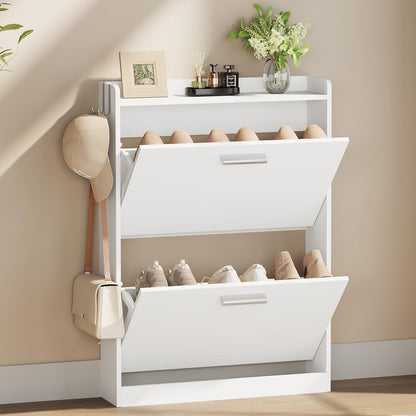 Slim Shoe Cabinet for Entryway with 2 Flip Drawers, 23.6" W White