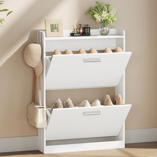 Slim Shoe Cabinet for Entryway with 2 Flip Drawers, 23.6" W White