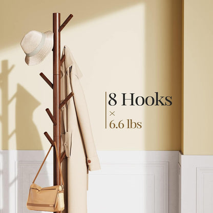 Pipishell Solid Wooden Coat Rack Freestanding with 8 Hooks, Brown