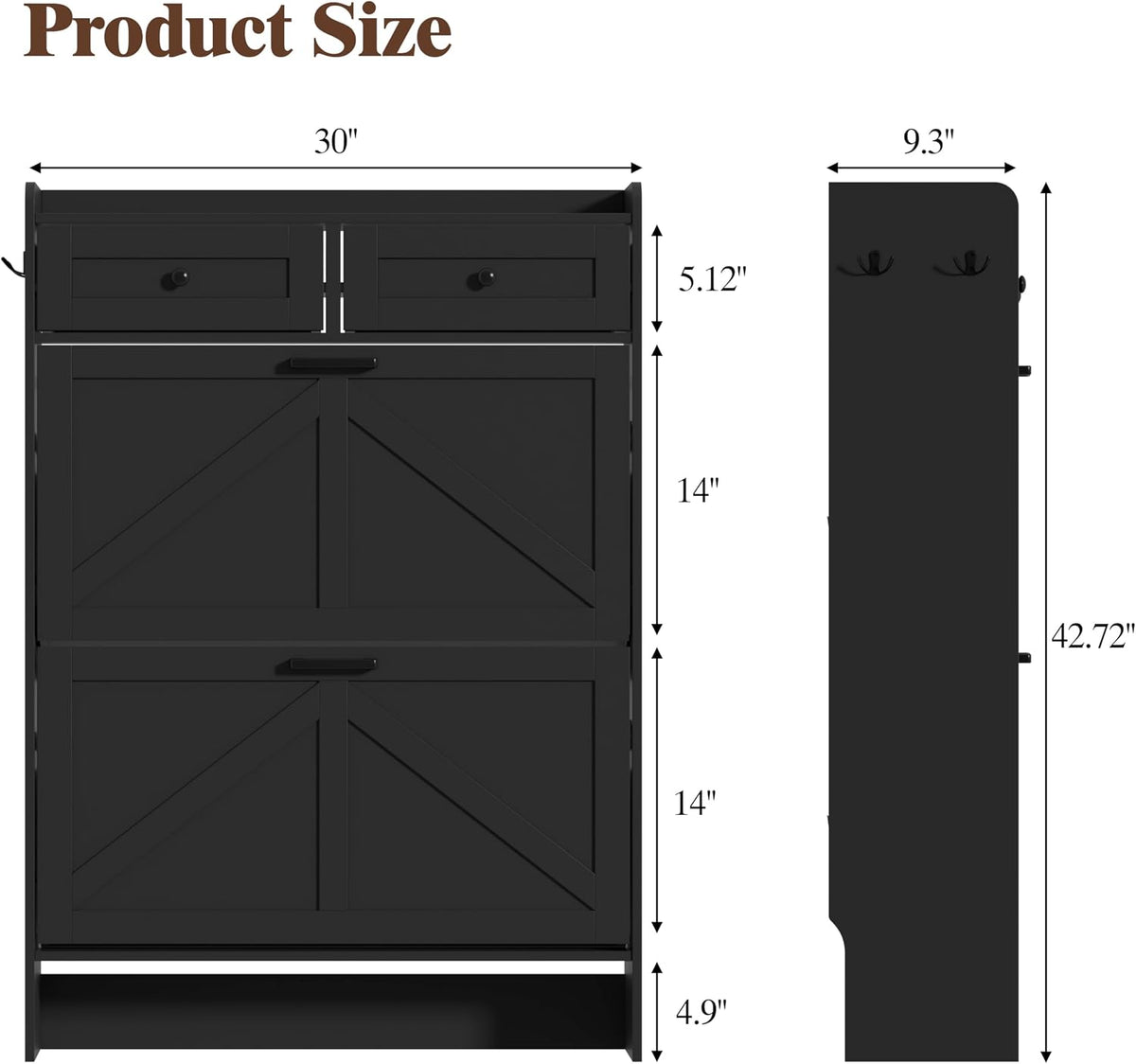 Thacuok Black Shoe Cabinet with 2 Flip Drawers & 2 Storage Drawers, Rustic Farmhouse Narrow Shoe Organizer Cabinet, Slim Shoe Rack Cabinet, Shoe Storage Cabinet for Entryway, Hallway