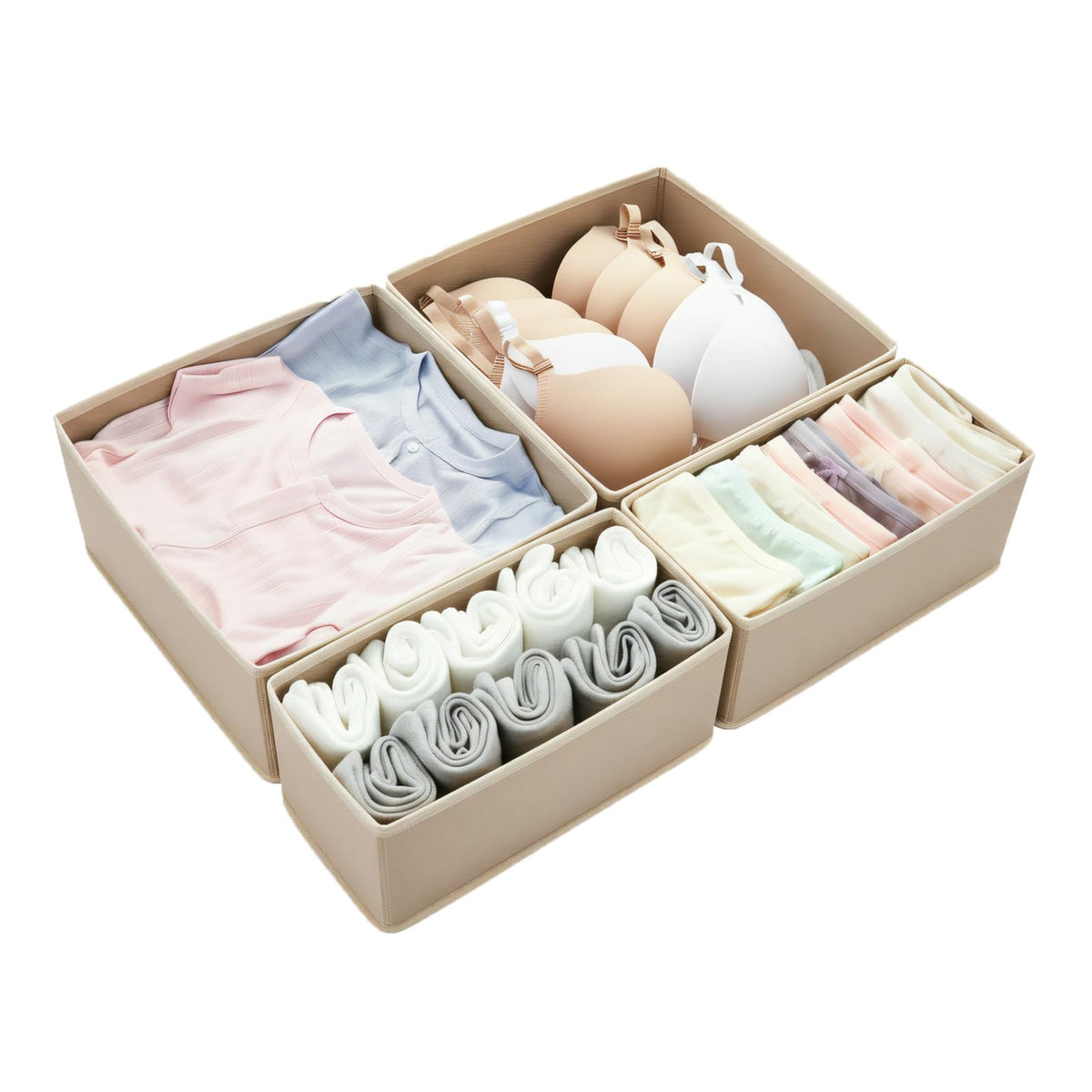 Drawer Organizer for Clothes & Underwear - 4-Pack Fabric Storage Bins with Zipper Bottom | Bra Drawer Organizer & Sock Organizer for Dresser - Foldable Baby Clothes Organizer Set, Grey