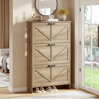 Nicetree Shoe Cabinet, 3 Flip Drawers & Adjustable Shelves, Ultra Slim Freestanding (9.1” Deep), Holds 30 Pairs, Narrow Shoe Storage Cabinet with Anti-Tip Safety, Modern Farmhouse White Walnut