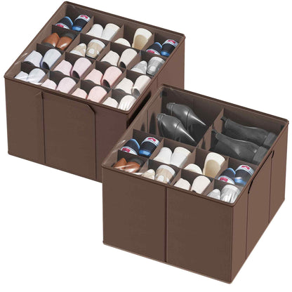 SpaceAid Shoe Organizer for Closet, 2 Pack Foldable Shoe Storage Containers Baskets Boxes Bins w/Adjustable Dividers, Fits 16-32 Pairs, Grey